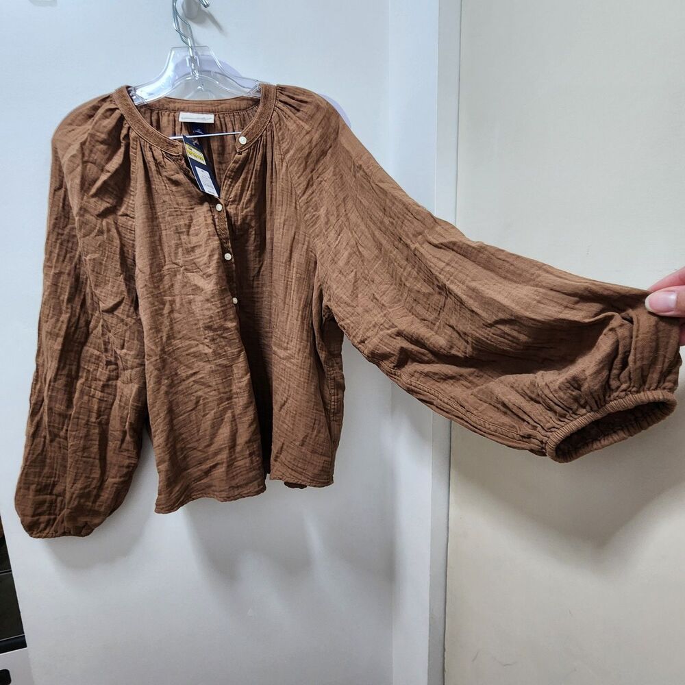 Universal Thread Cotton Gauze Blouse Brown Button Front Balloon Sleeve M peasant